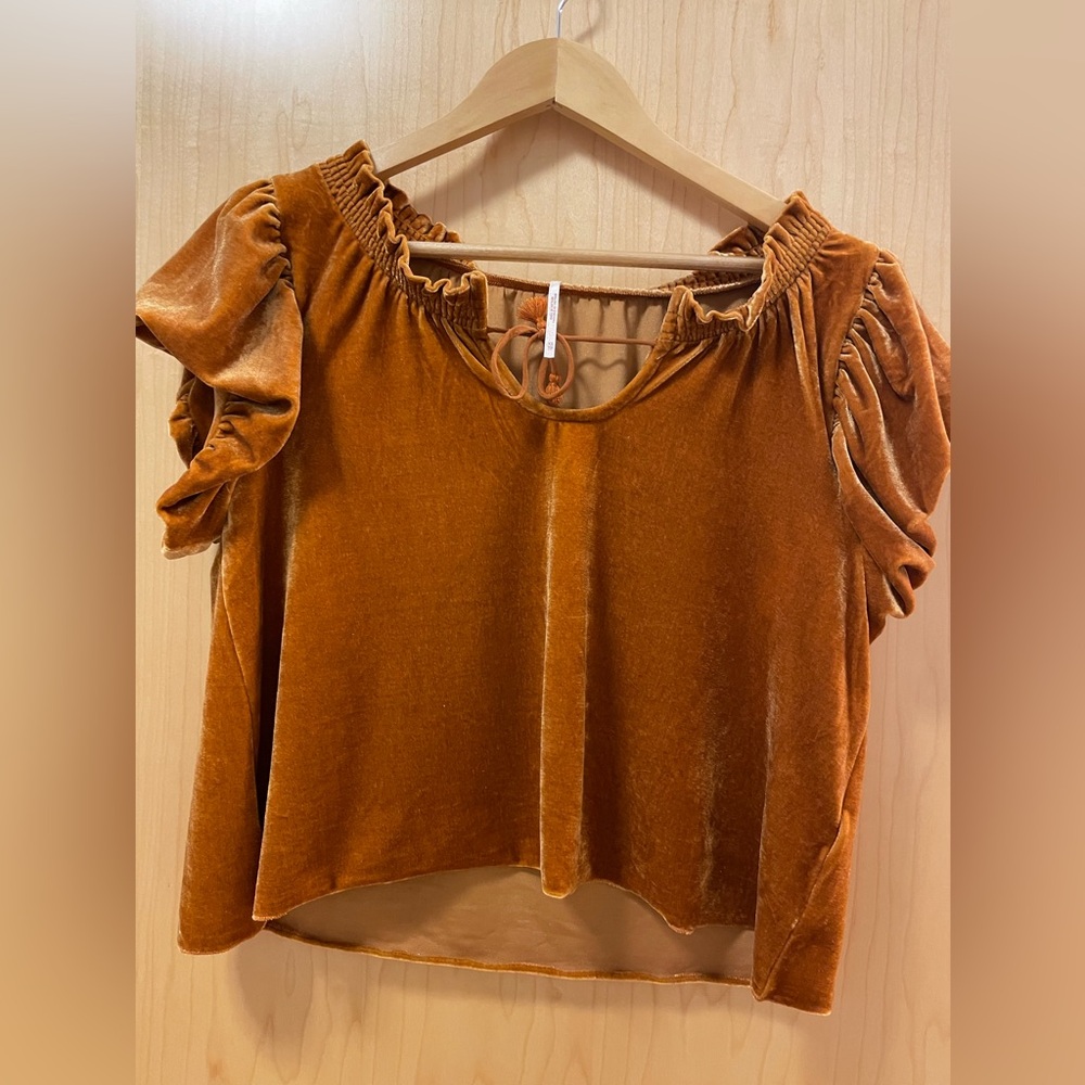 Free People Rich Brown Velvet Top with Tassel Accents